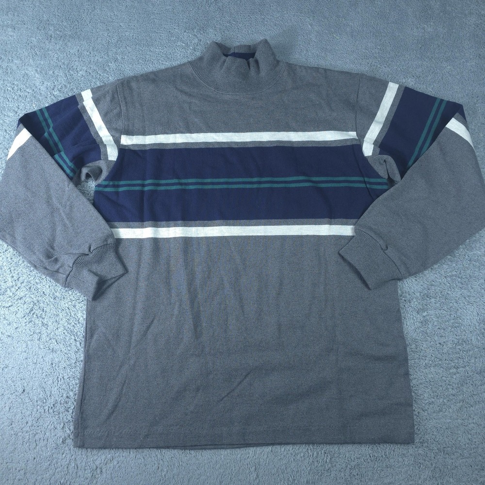 Vintage L.L. Bean Sweater Mens Large Gray Striped Mock Neck Pullover USA Cotton